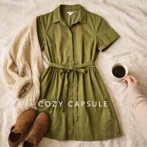 Olive Green Shirt Dress Tie Waist Short Sleeve Button Front Size Medium